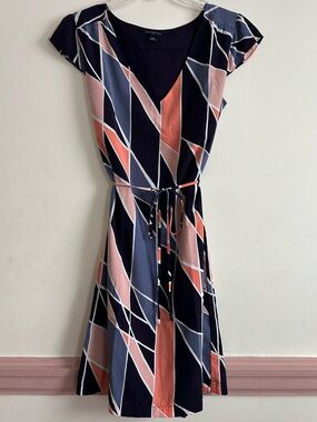 Banana Republic Navy Dress with Pink and Coral Geometric Print